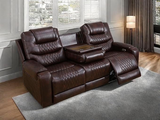 Leather Recliner Sofa Couch, 3-Seater Home Theater Seating Reclining Sofa, Power Reclining Couch with Cup Holders & Drop Down Table for Living Room Furniture Sets, Brown