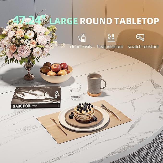 47.24" Round Dining Table for 4-6 Person, Round Kitchen Table with Wood Top, Circle Dinner Pedestal Tables with Metal Legs for Dining Room Kitchen (White Marble)