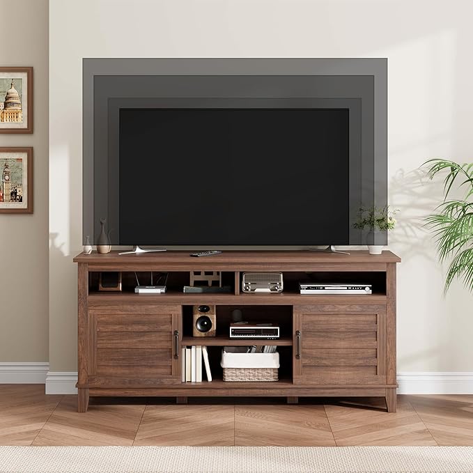 GarveeHome TV Stand for 63 in, Entertainment Center with Adjustable Shelves, Farmhouse TV Stand with Cabinet Doors,for Living Room, Bedroom (Brown, 63)