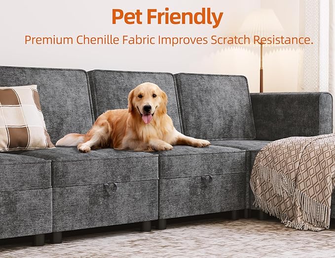 GAOMON Chenille Single Seater, Middle Modular with Storage for Modular Sectional Sofa, 90°-180° Adjustable Backrest, Single Sofa for Sectional Sleeper Sofa, Gray