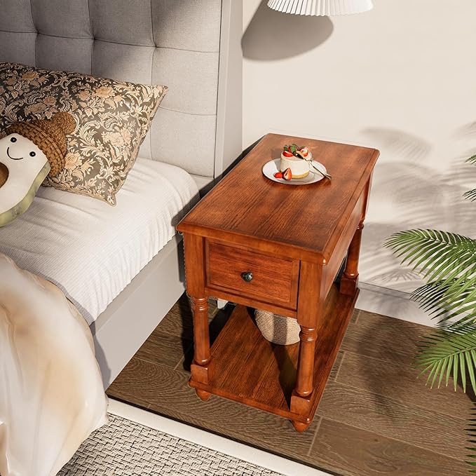 LEEMTORIG Set of 2 Solid Wood End Table Narrow Side Table with Drawer, Cherry Wood End Table Living Room, 13" W Slim Bedside Table, 22" D x 22.3" H, No-Tools Assembly, Beeswax Brown BBJ-004-DR
