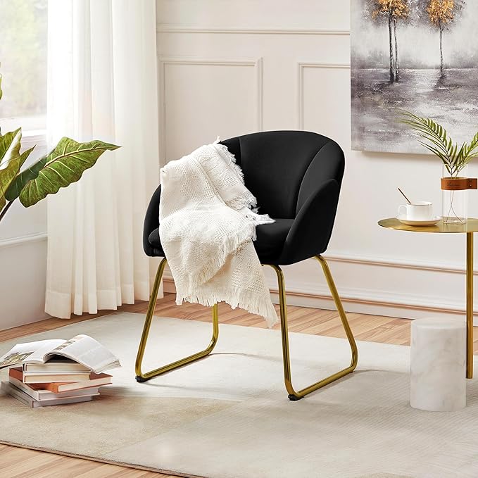 Yaheetech Modern Velvet Armchair, Flower Shaped Makeup Chair Vanity Chair with Golden Metal Legs for Living Room/Makeup Room/Bedroom/Home Office/Kitchen, Black
