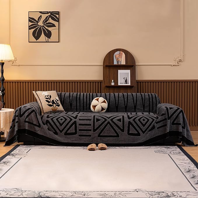 HANDONTIME Dark Grey Short Plush Couch Cover for Sofa Boho Faux Fur Sofa Covers Black Geometric Couch Sofa Slipcover for Pets Shu Velveteen Sofa Cover Washable Warm Soft Funny Fuzzy, 71" X118"