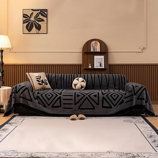 HANDONTIME Dark Grey Short Plush Couch Cover for Sofa Boho Faux Fur Sofa Covers Black Geometric Couch Sofa Slipcover for Pets Shu Velveteen Sofa Cover Washable Warm Soft Funny Fuzzy, 71" X118"