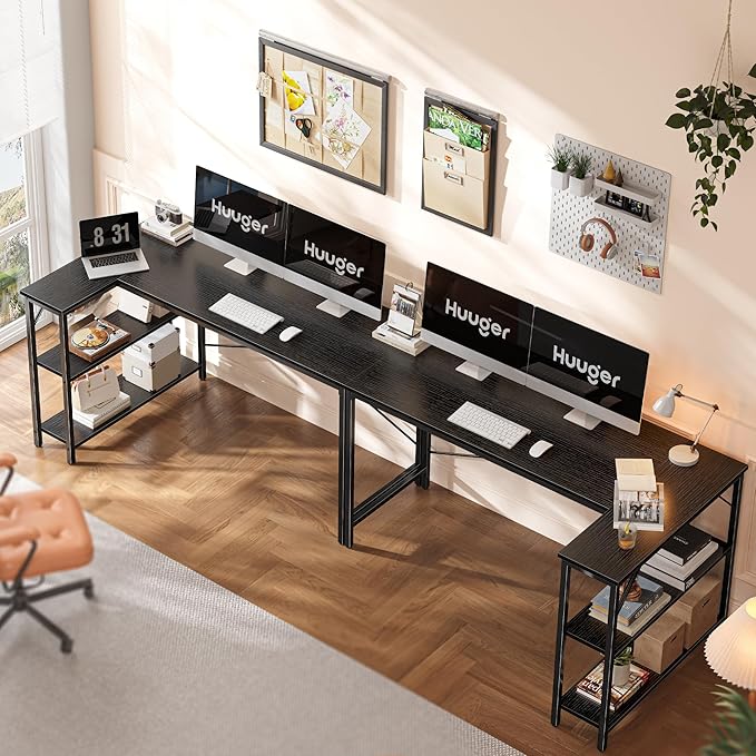 Huuger L Shaped Desk, 55 Inches Computer Desk with Reversible Storage Shelves, for Gaming Corner Home Office Writing Study, Metal Frame, Black