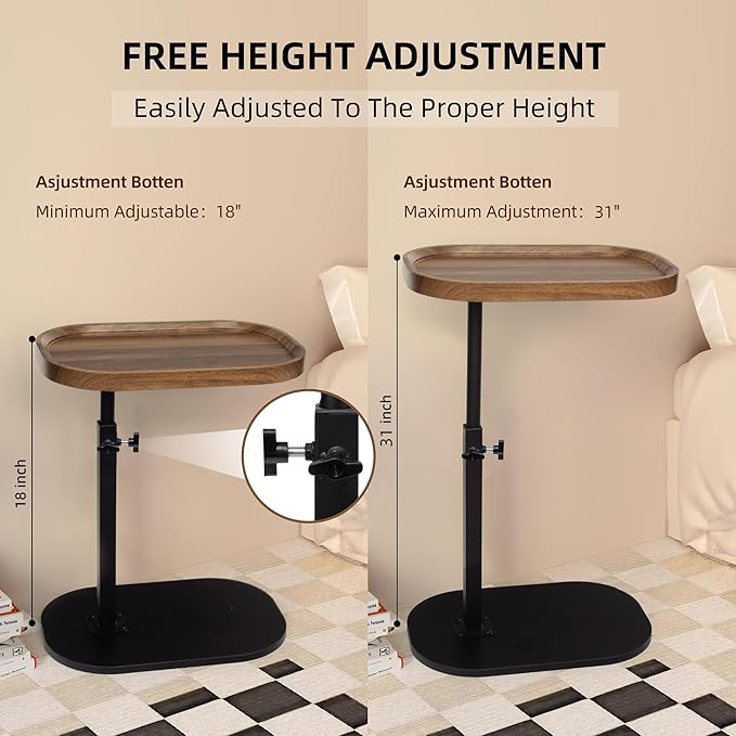 Aoligrace Side Table Adjustable Height, 360°Swivel C Shaped End Table for Couch Sofa Bed, Small TV Tray C Table for Small Spaces Living Room Bedroom