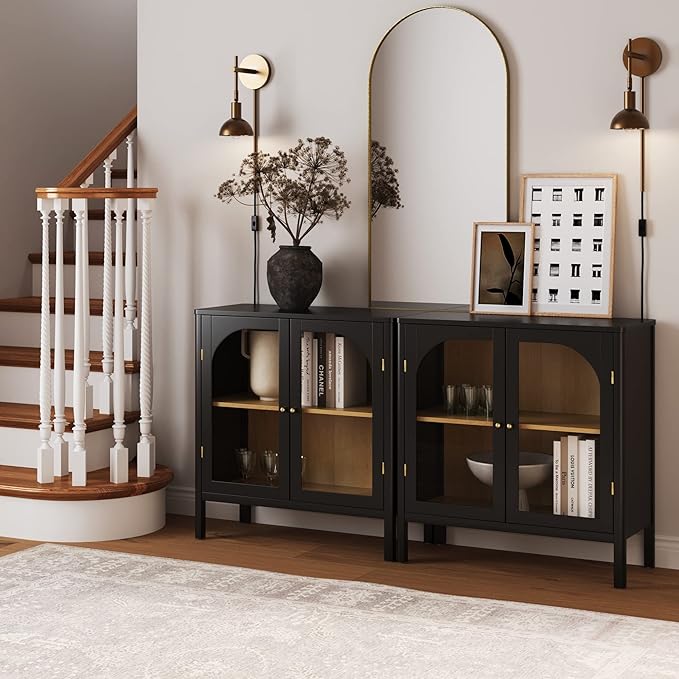 Nathan James Mason Storage Cabinet Accent Sideboard Buffet Credenza TV Stand with Glass Doors and Adjustable Shelf in Black Wood for Dining Room, Entryway and Living Room, Clear Glass/Black, Set of 2