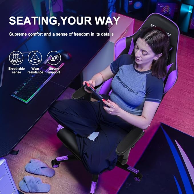 GTRACING Gaming Chair with Footrest, Ergonomic Computer Game Desk Chair, Reclining Gamer Chair Seat Height Adjustment, Swivel Rocker with Headrest and Lumbar, Purple