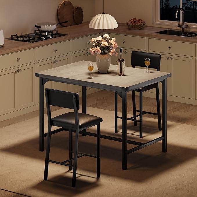 IDEALHOUSE Dining Table Set for 2 w/Counter Height Table & 2 Upholstered Bar Stools, 3-Piece Kitchen Table Set with Footrest & Corner Protector, for Kitchen Room, Apartment, Pub