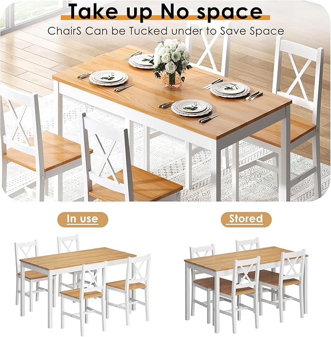 sogesfurniture Dining Table Set for 4，Dinette Set for 4 Small Space,5 Pieces Dining Table for Kitchen, Dining Room 47.5'', Pine Wood,Oak&White