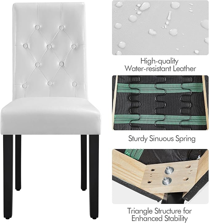 Yaheetech Dining Chairs Set of 6 Modern Style Faux Leather Dining Room Chairs with Solid Wood Legs and Button Tufted Padded for Home Kitchen, White