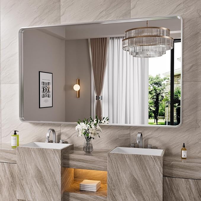 Brushed Nickel Bathroom Mirror 60x28 Inch, Brushed Silver Metal Frame Mirror Wall Mounted, Rounded Rectangle Bathroom Vanity Mirror, Tempered Glass, Anti-Rust, Horizontal/Vertical