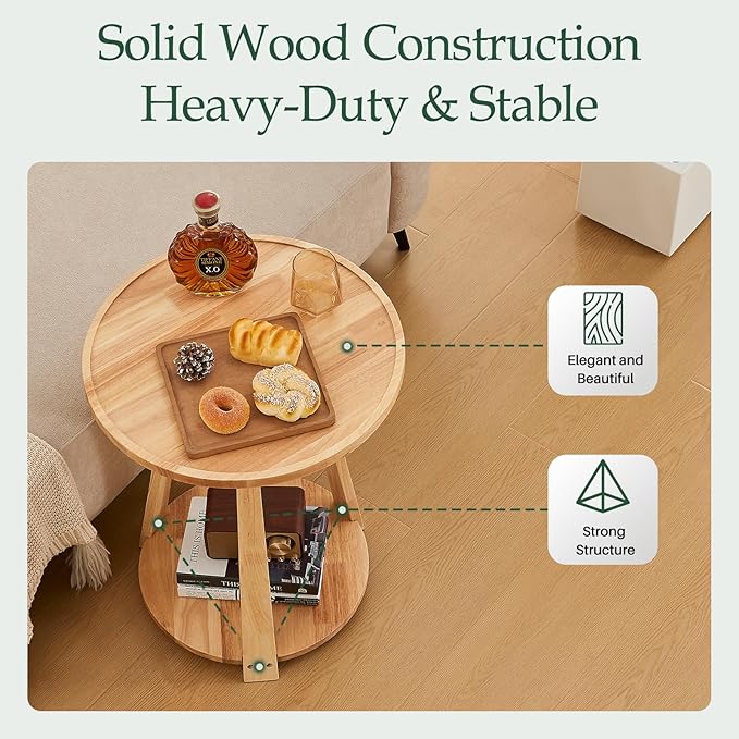 Round Solid Wood Side Table - Small Round Wooden End Table, Modern Living Room Side Beside Tables with Shelf for Couch Sofa Armchair Office Bedroom, Natural, 19.6 in x 19.6 in x 23.6 in