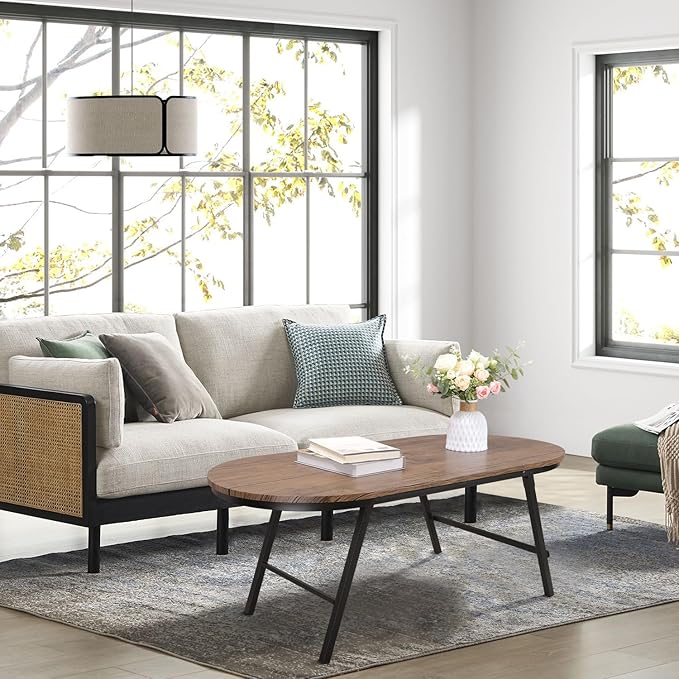 Folding Coffee Table for Small Spaces Wood and Metal Oval Coffee Table Portable Low Coffee Tables for Living Room, Home, Office, Light Brown