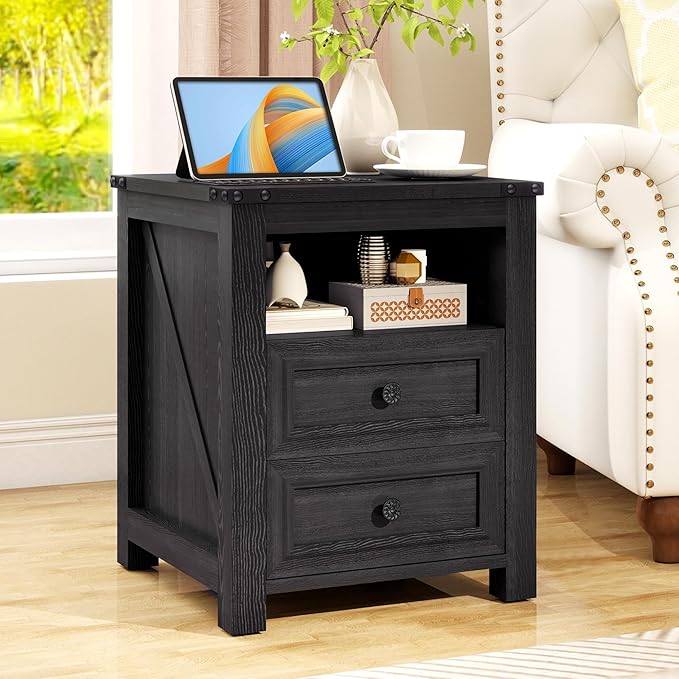 Farmhouse Nightstand with Charging Station, 18” Wide End Table with 2 Drawers Living Room Wood Sofa Side Table with Storage, Small Night Stand for Bedroom, Black