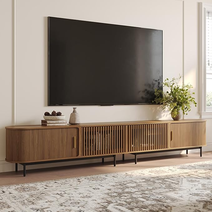 POVISON Sliding Tambour Door TV Stand, Mid Century Modern TV Console, Wood Media Console, Entertainment Center with Storage Cabinet, Fully-Assembled (Walnut, 118.11")