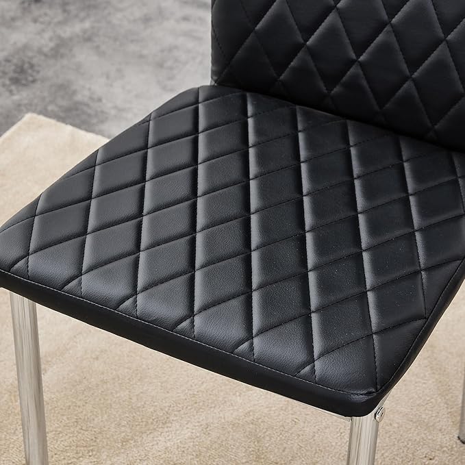 Modern Minimalist Dining Chair Fireproof Leather Sprayed Metal Pipe Diamond Grid Pattern Restaurant Home Conference Chair Set of 4 Or 6 (6, Jet Black)