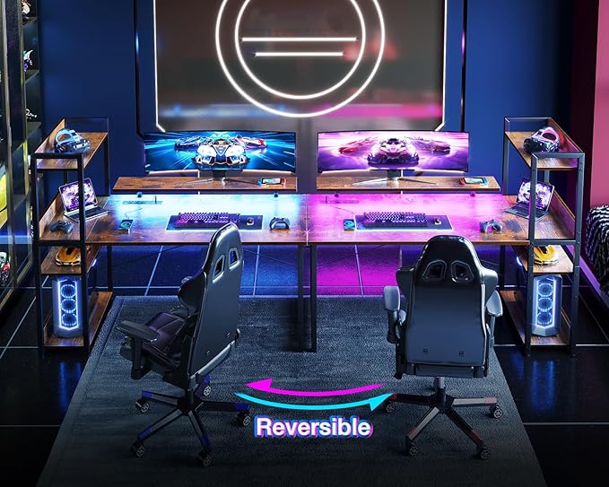 ODK Reversible Gaming Desk with Power Outlets and LED Lights, 48 Inch Computer Desk with Storage Shelves and Monitor Stand, Modern Writing Study Desk for Home Office, Rustic Brown