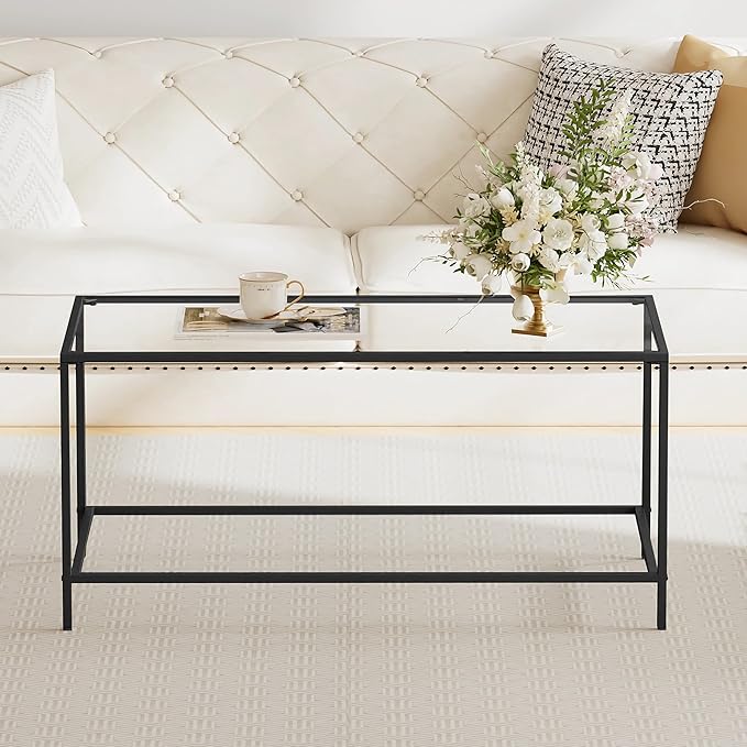 Glass Coffee Table, Modern Rectangular Coffee Table for Living Room, Minimalist Center Tea Table with Sturdy Metal Frame for Apartment, Office, Easy Assembly, 39.4 x 19.7 x 17.7 Inches, Black
