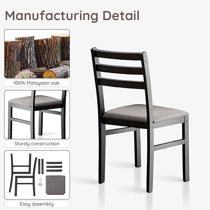 Livinia Seattle Modern Farmhouse Kitchen Dining Room Chair Set of 4, Solid Wood Fabric Upholstered Cushion Seat Wood Ladder Back Chairs (Black)