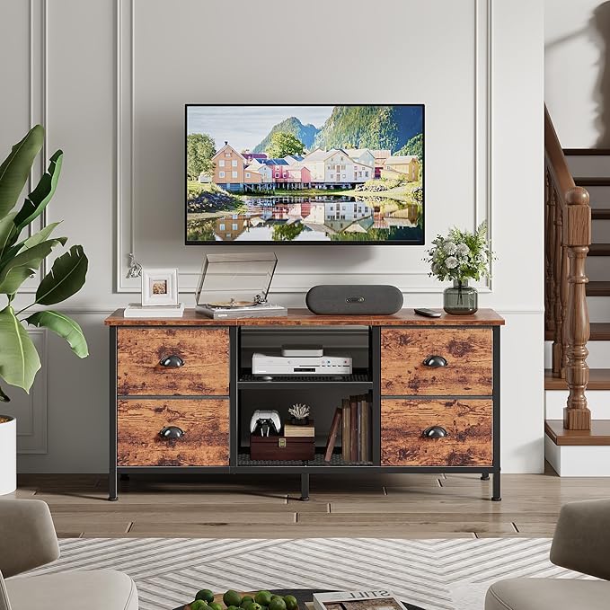 Furologee TV Stand with 4 Drawers, 43 Inch Entertainment Center with Open Shelves, Media Console Table for 50" TV, Television Stand for Bedroom, Living Room/Rustic Brown