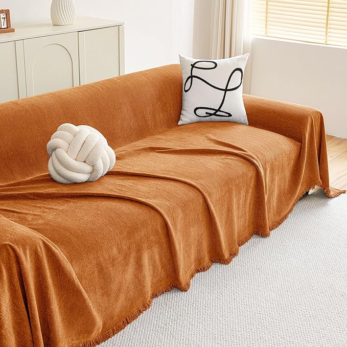 hyha Couch Cover for Dogs, Boho Sofa Covers for 3 Cushion Couch Washable, Chenille Sofa Slipcover for Pets, Soft Loveseat Sectional Couch Throw Blankets with Tassels (Orange, 71x150 Inch)