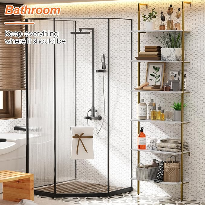 Ladder Shelf 6 Tiers Marble White Modern Bookshelf Open Tall Wall Mount Bookcase Standing Leaning Wall Shelves Industrial Decorative Living Room Bed Room