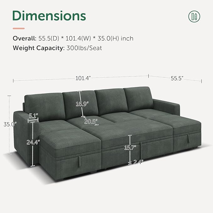 HONBAY Modular Sectional Sleeper Sofa Bed, Corduroy Pull Out Couch with Storage Ottoman, U Shaped Sectional Couches for Living Room, Green