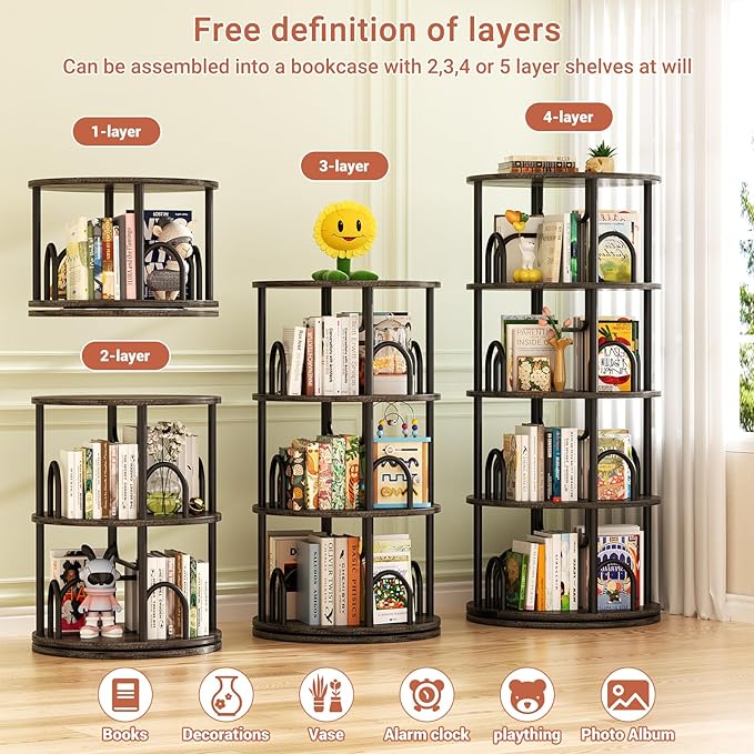 Aheaplus 4 Tier Rotating Bookshelf Tower, 360 Display Spinning Bookcase, Revolving Round Book Shelf Narrow Swivel Bookshelf, Vertical Turning Corner Book Organizer for Small Space, Black Oak