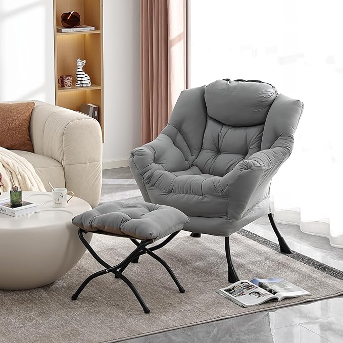 Lazy Chair with Folding Ottoman, Modern Accent Lounge Armchair with Armrests and a Side Pocket & Foldable Footstool, Leisure Reading Chair for Living Room, Bedroom, Dorm & Office, Light Grey