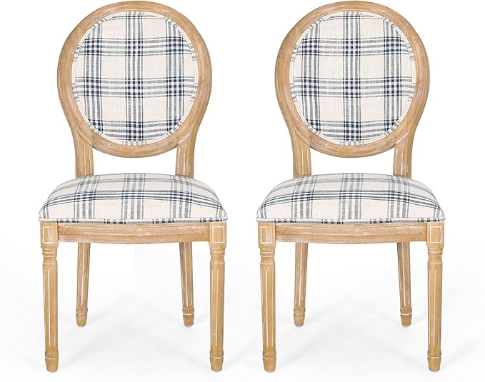 Christopher Knight Home Phinnaeus Dining Chair Set, Set of 2, Fabric, Dark Blue Plaid + Natural