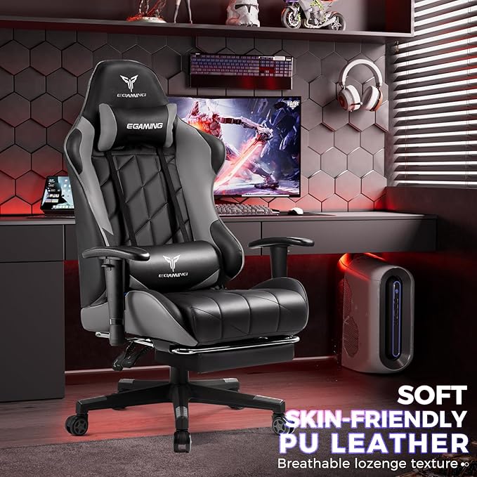 Gaming Chair with 3D Adjustable Armrests, Cow Print Design, Ergonomic Office Chair with High Back, Computer Chair with Footrest,Comfy Diamond Stitching Sest, Game Chair for Adults