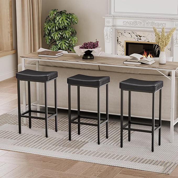 HOOBRO Bar Stools,Set of 3 Bar Chairs, Counter Height Bar Stools, Saddle Stools, Set of 3 Kitchen Stools, 24.8" Barstools, 2.4" Thick Upholstery, for Kitchen, Dining Room, Cafe, Black BB10BYP301