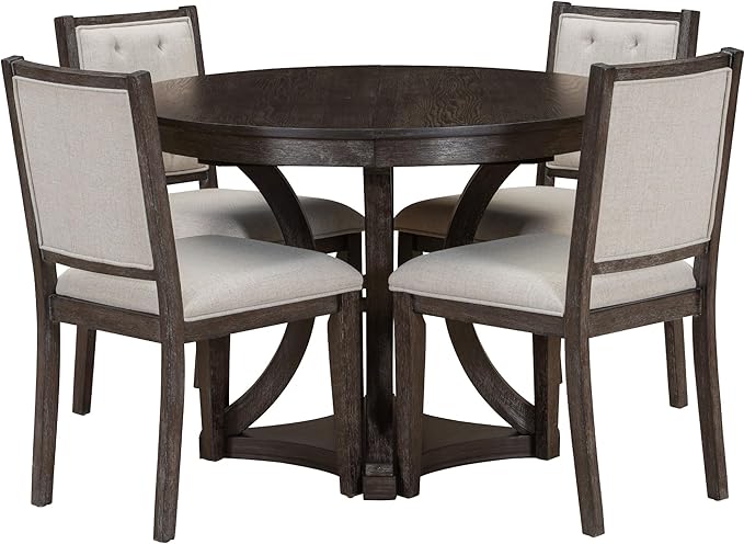Ball & Cast Retro Dining Table Set for 4 with 4 Upholstered Chairs,5-Piece Wooden Living Room Furniture W/ 42" Round Extendable Kitchen Desk,for Small Space,Apartment,Dining Room,Espresso