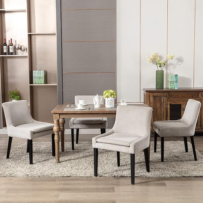 COLAMY Modern Dining Chairs Set of 2, Upholstered Corduroy Accent Side Leisure Chairs with Mid Back and Wood Legs for Living Room/Dining Room-Beige