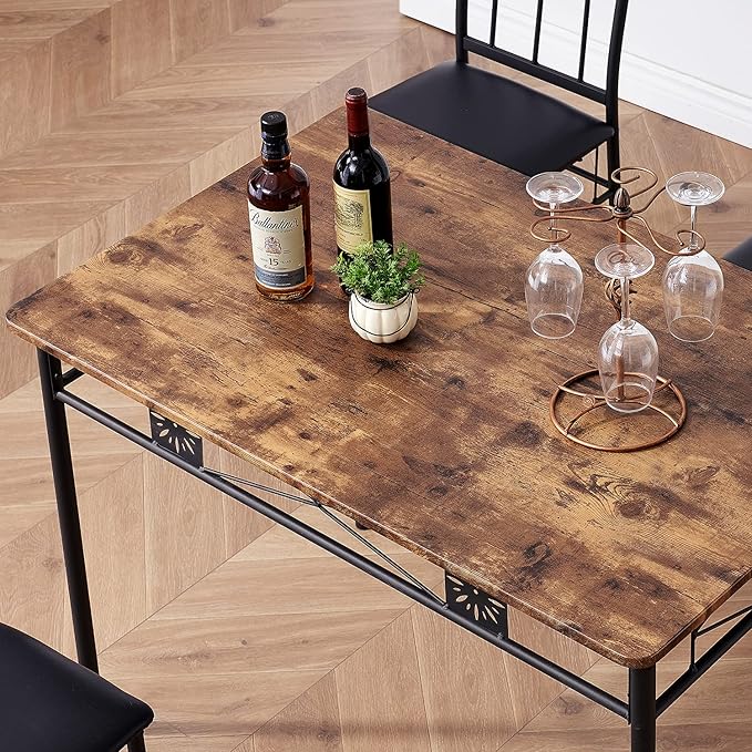 VECELO Kitchen Dining Room Table Sets for 4, 5 Piece Metal and Wood Rectangular Breakfast Nook, Dinette with Chairs, Retro-Brown
