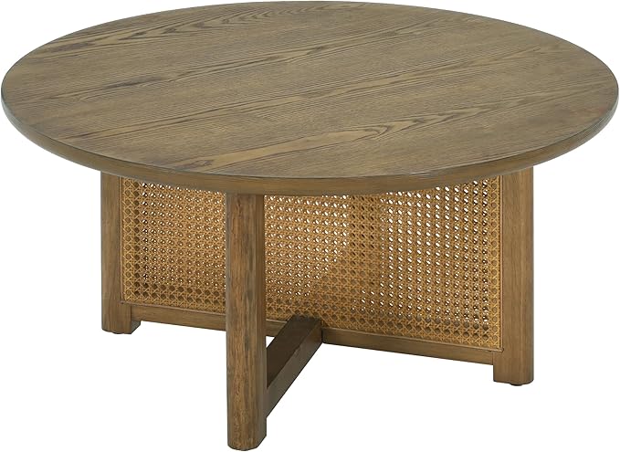 Christopher Knight Home Kiaya Round Coffee Table with PE Woven Design, Wood Coffee Tables for Living Room, Stylish Indoor Round Table, Easy Assembly, Versatile Living Room Furniture, Natural Brown
