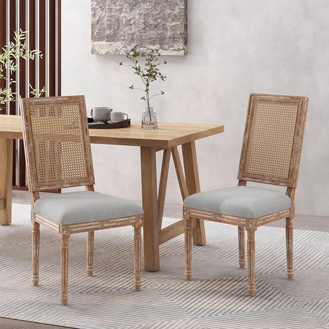 Merax Upholstered Solid Wood Dining Chairs Set of 2, French Country Style Accent Side Seating Furniture for Kitchen, Living Room, Wicker Back, Light Grey