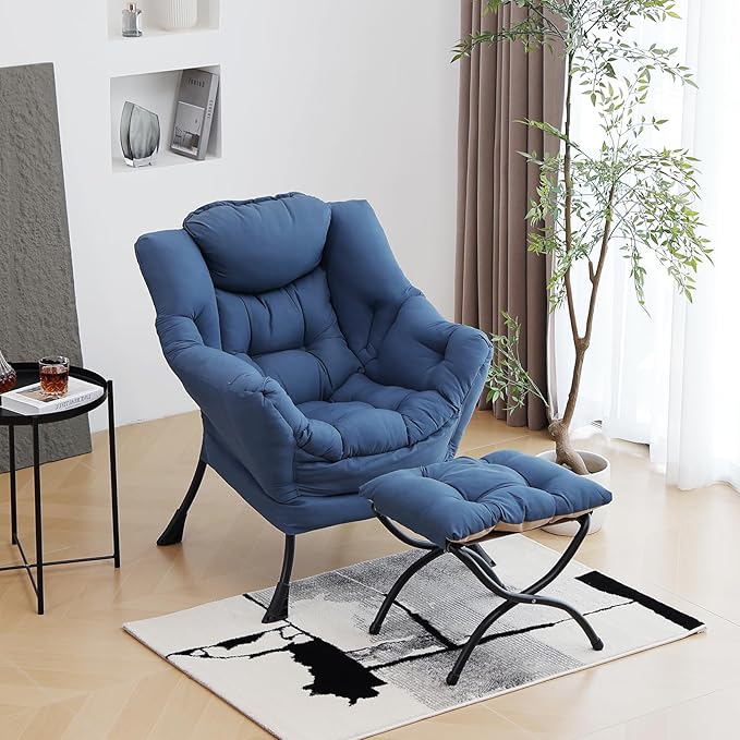 Lazy Chair with Ottoman, Modern Chair with Folding Footrest, Lounge Accent Chair, Comfortable Reading Chair (Royal Blue)