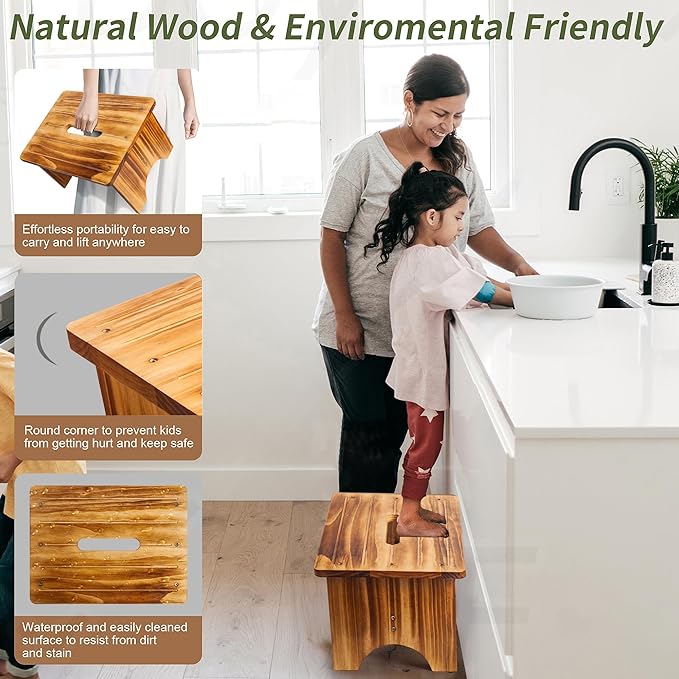 Wooden Step Stool for Adults, 9" Portable Wood Step Stool for Kids, Heavy Duty One Step Bedside Stool with 550 Lbs Load Capacity, Non-Slip White Foot Stool for Kitchen Bathroom Bedroom