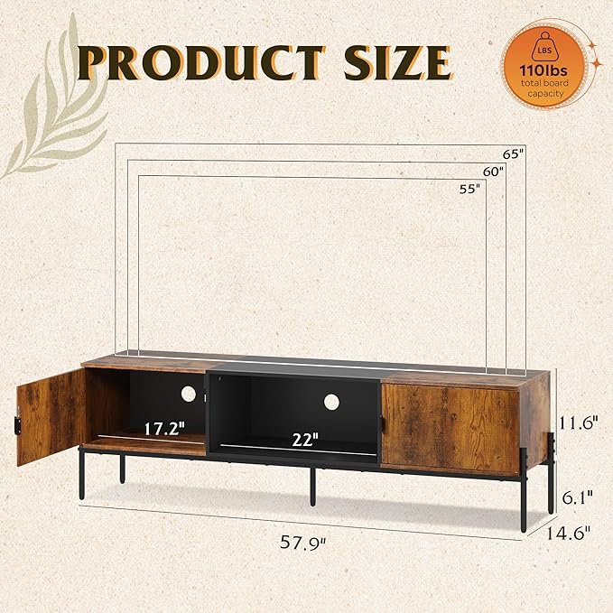 WLIVE Modern TV Stand for 65 Inch TV, Mid Century Entainment Center with Storage, TV Console with Open Shelf and 2 Cabinets for Bedroom and Living Room, TV Cabinet with Metal Legs, Rustic Brown
