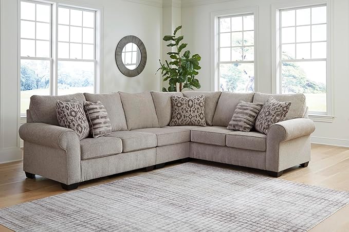 Signature Design by Ashley Claireah Casual L-Shaped 3-Piece Sectional with Loose Seat Cushions and 5 Accent Pillows, Beige