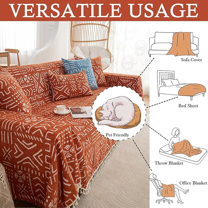 HANDONTIME Boho Aztec Sofa Slipcovers for Sofa/Couch Farmhouse Geometric Couch Protector for Dogs with Tassel Brick Orange Dog Couch Cover Sectional Sofa Cover Bohemian Decor for Sofa, 71" X118"