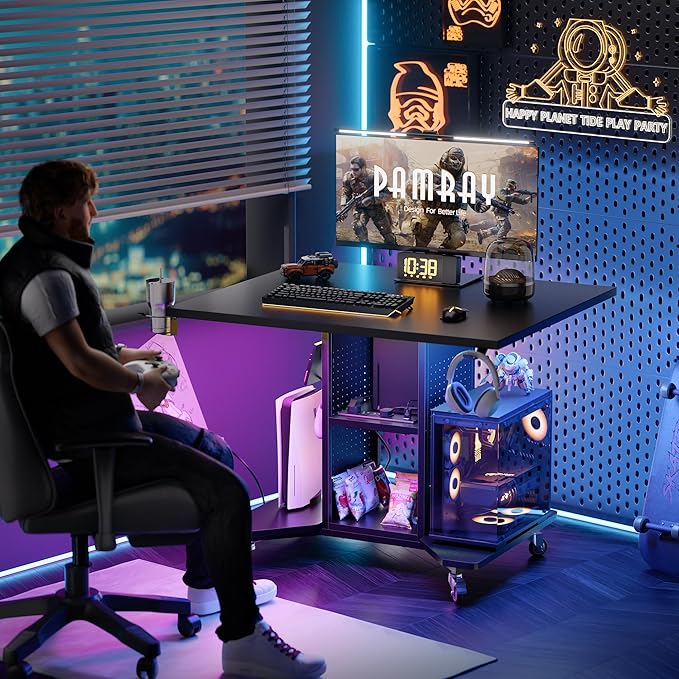Pamray Small Rolling Gaming Desk with Led Lights Power Outlets and Storage Pegboard, Small Spaces Compact PC Computer Table Balck
