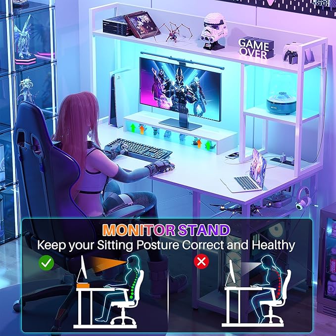 Cyclysio Gaming Desk with Hutch, 47'' Computer Desk with LED Lights & Power Outlets, Home Office Desk with Reversible 5 Tiers Storage Shelves & Monitor Stand, Small Gaming Table for Small Space, White