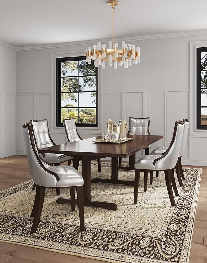 Manhattan Comfort Fifth Avenue Faux Leather Dining Chairs, Parsons Accent Furniture with Padded Wingback Seat, Fine Rectangular Stitching and Solid Beech Wood Frame, Set of 2, Silver