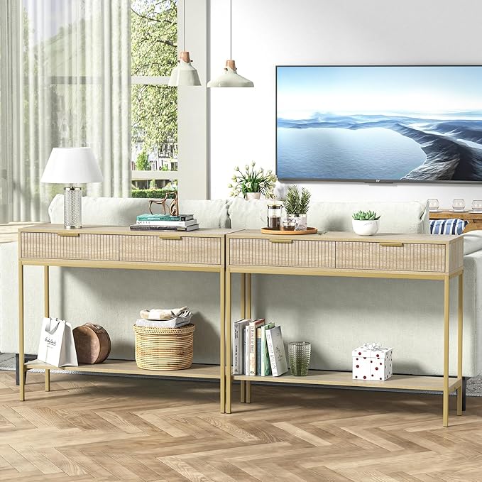 Anmytek Console Table with Storage, Wood Entryway Table with 2 Drawers, Narrow Long Sofa Table Hallway Foyer Table with Storage Shelves Behind Couch Table for Living Room, H0117
