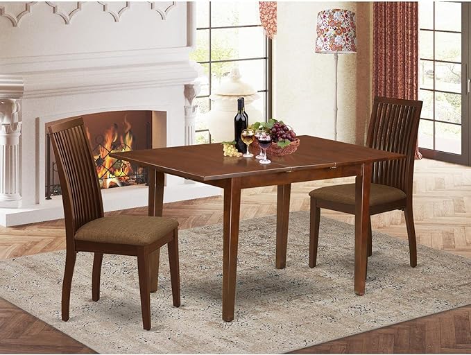East West Furniture PSIP3-MAH-C 3 Piece Dining Room Table Set Contains a Rectangle Wooden Table with Butterfly Leaf and 2 Linen Fabric Kitchen Dining Chairs, 32x60 Inch, Mahogany
