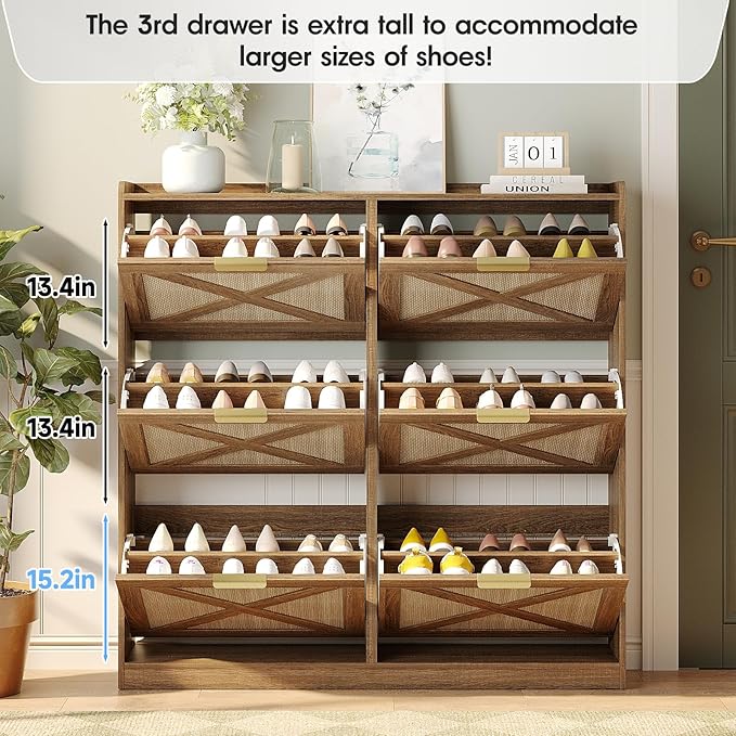Maupvit Large Shoe Storage Cabinet with 6 Rattan Flip Drawers, Freestanding Organizer with Metal Legs for Entryway, Narrow Shoe Rack Cabinet, Hidden Golden Handles, Rustic Oak Rattan
