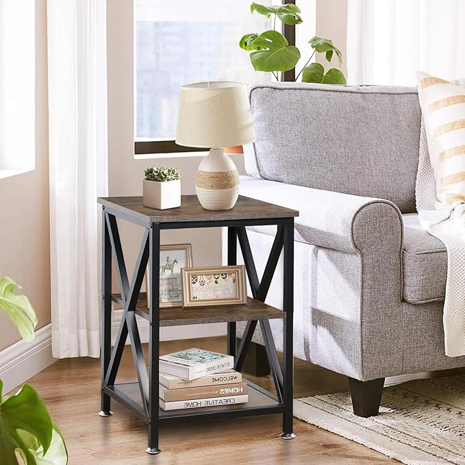 Square End Table with Storage Shelf, 16" D X 16" W X 24" H, 3-Tier End Table Living Room, Rustic Brown End Tables, X-Shaped Night Stand for Bedroom, Farmhouse Wood End Tables